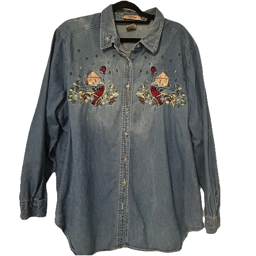 Denim Button UP Shirt Women'sSz22 W/24 W Embroidered Cardinal Birds Grandma Core - Picture 1 of 6